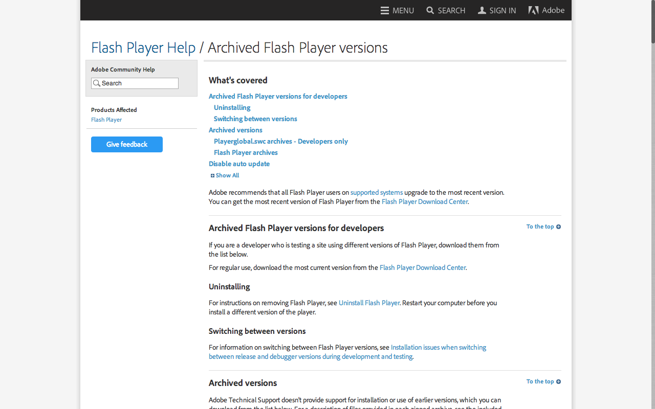 Adobe Archived Flash Player versions